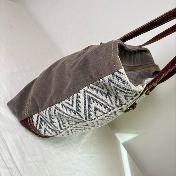 MYRA BAG Solemn Aztec Diamond Tote Bag Canvas Leather Double Strap Boho Neutral - Picture 13 of 17